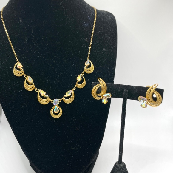 Vintage Germany Signed Gold Tone AB Rhinestone Necklace Clip-on Earring Set - Picture 1 of 13